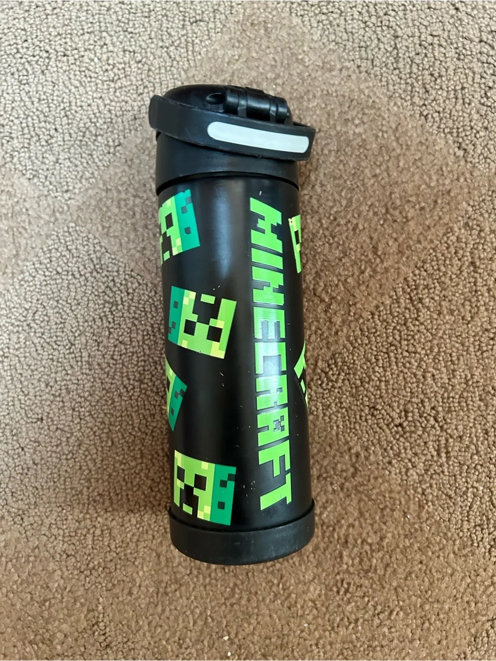 Thermos Black Water Bottle with Green Pixel Creeper Graphics